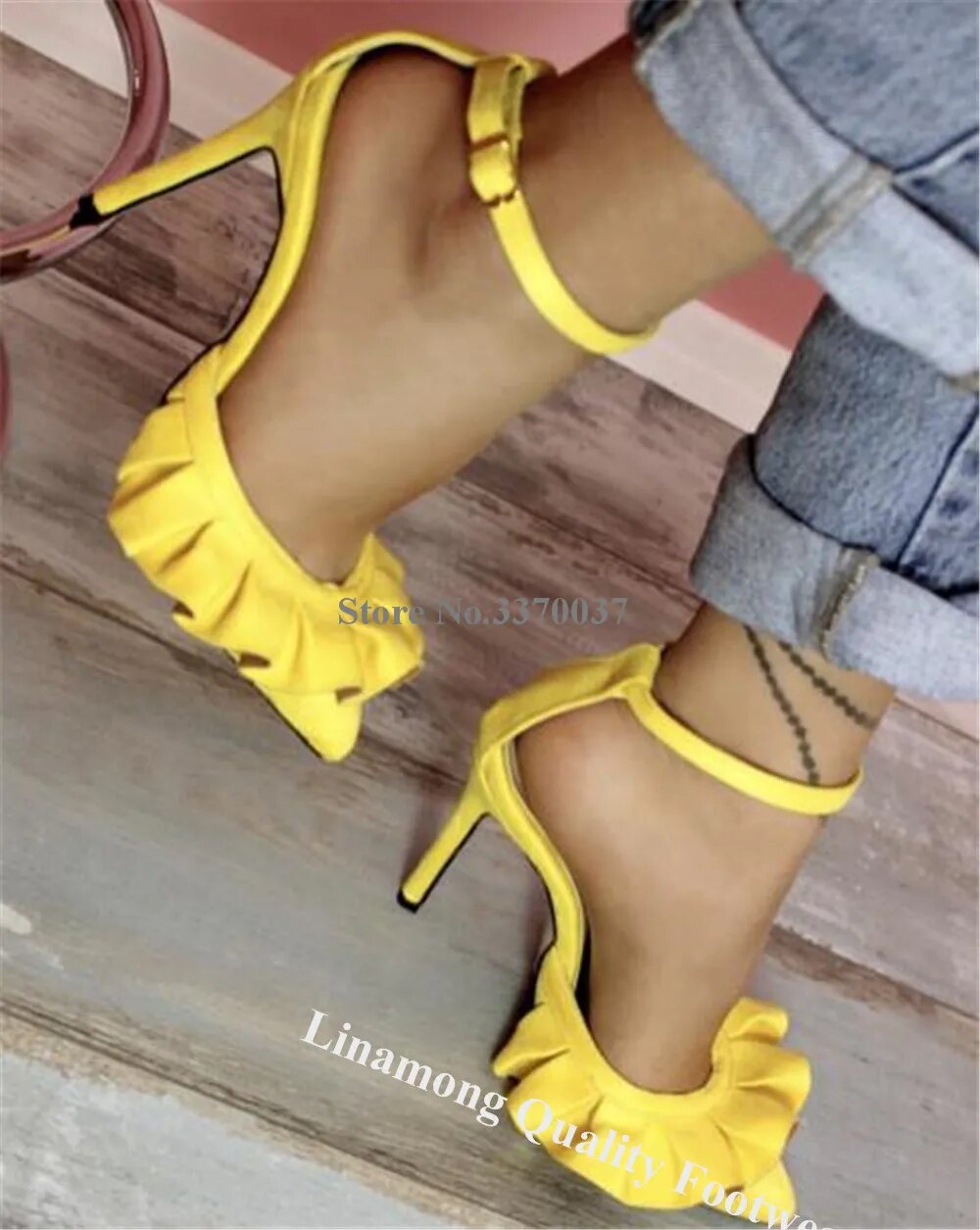 VCSHOES Yellow Suede Ruffles Thin Heel Pumps Pointed Toe Fringes Ankle Strap Stiletto Heel Dress Shoes Party Heels