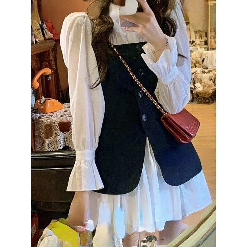 Korean Fashion Y2K Kawaii Long Sleeve 2 Piece Black Dress Set BE207