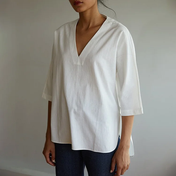 Solid Color Cotton And Linen V-Neck T-Shirt