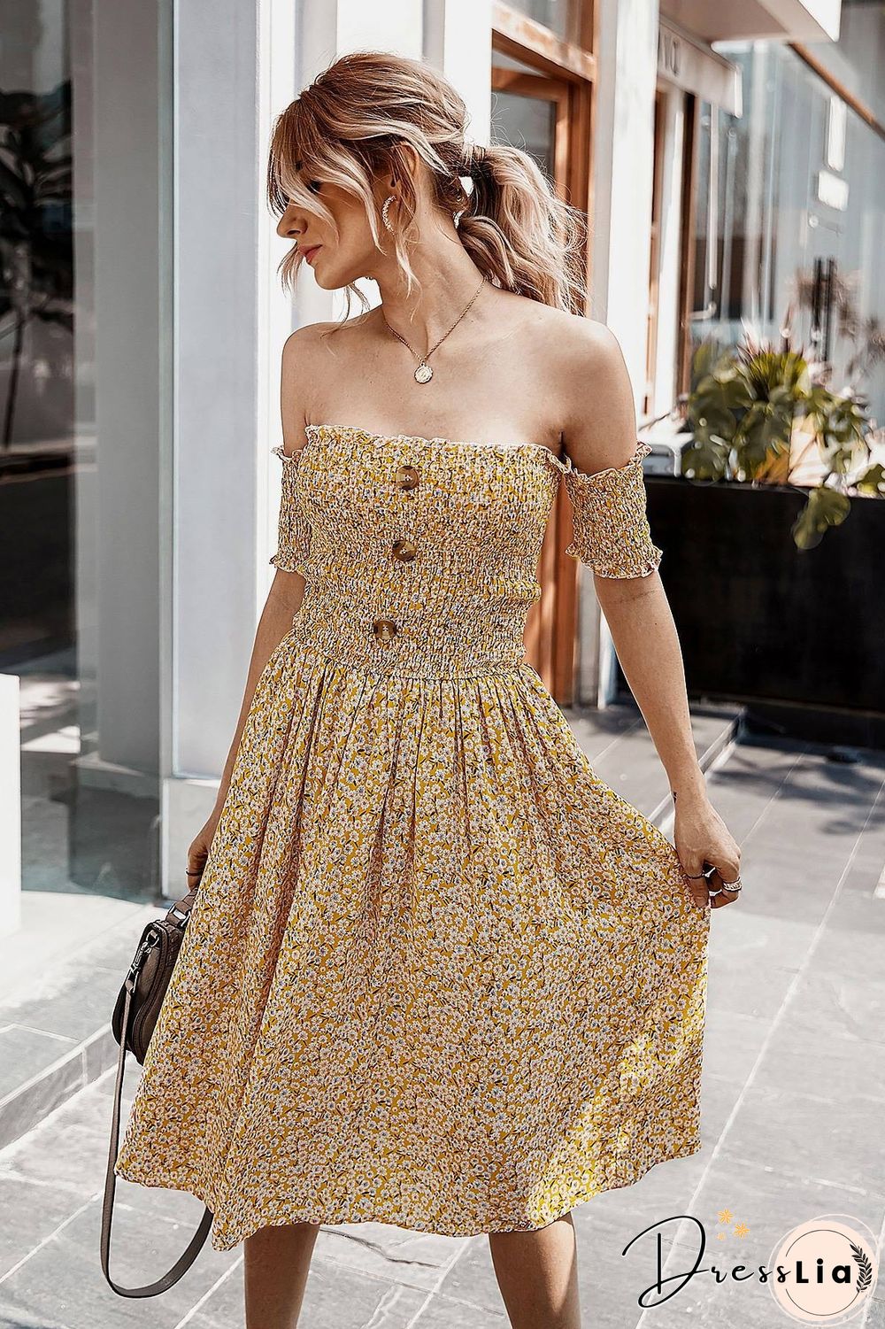 Knee Length Floral Off-the-Shoulder Dress