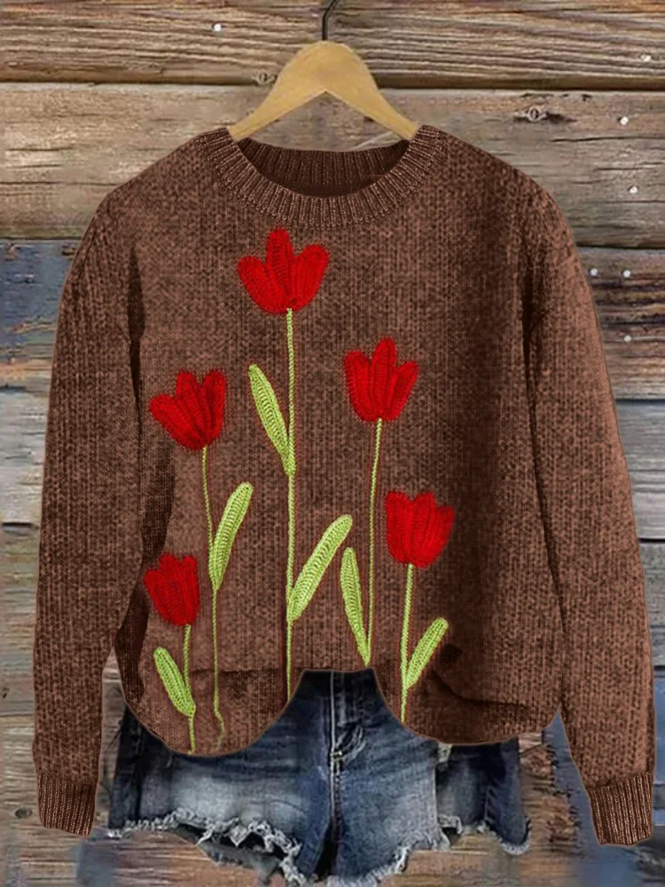 Red Flowers Crochet Art Cozy Knit Sweater