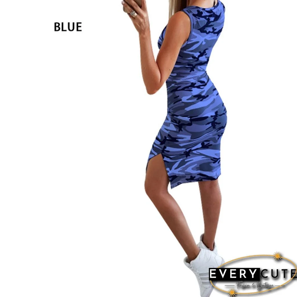 Summer Women's Camouflage Dress O Neck Sleeveless Dresses For Sexy Women Casual female Mini Sport Dress Side split