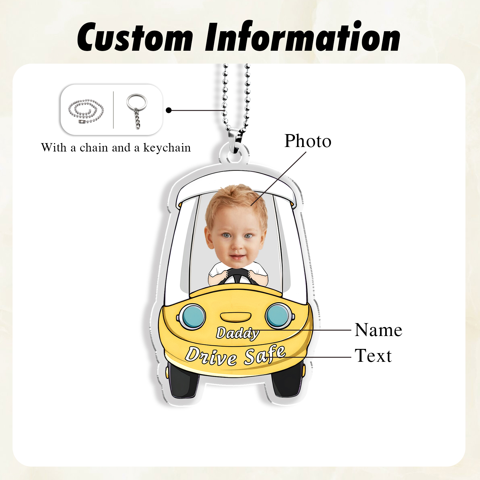 Personalised Car Acrylic Hanging Ornament Custom Photo & Text & Name Keychain Pedant Gift for Family-Jessemade AU