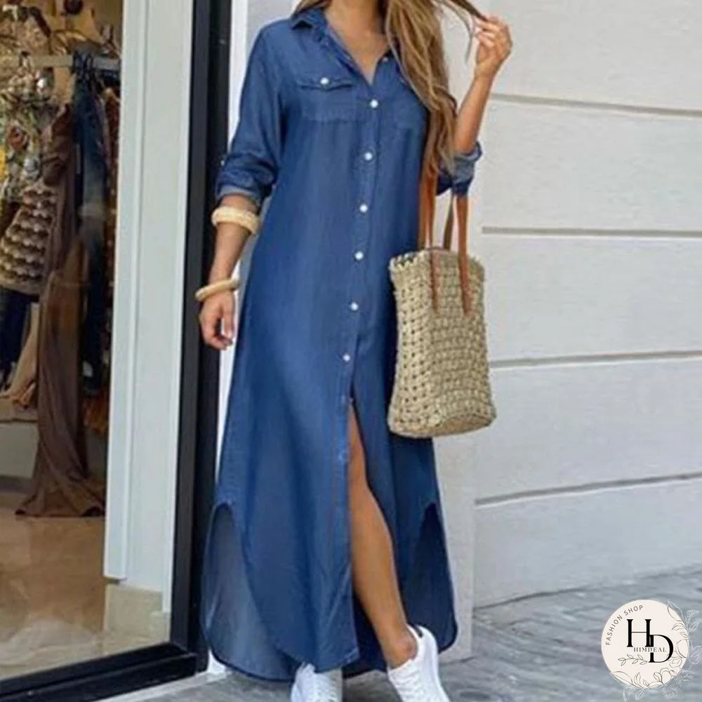 Fashion Women Long Sleeve Shirt Dress Autumn  Printed Ol Long Dresses Laides Turn-Down Collar Loose Sundress Party Dresses