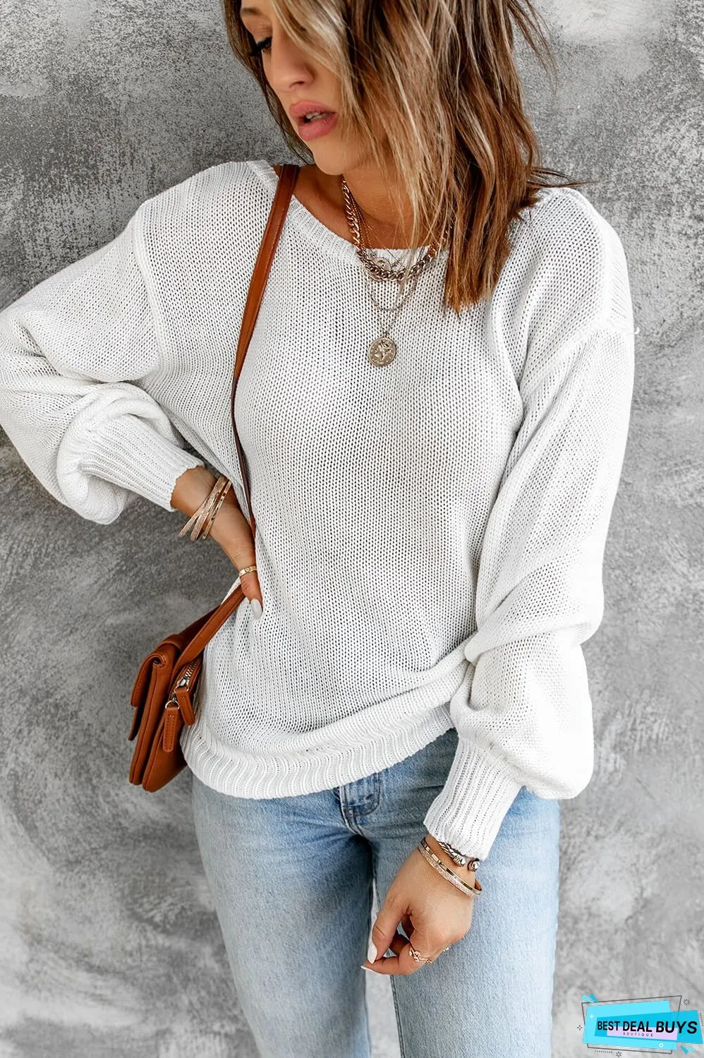 Tied Balloon Sleeve Round Neck Sweater