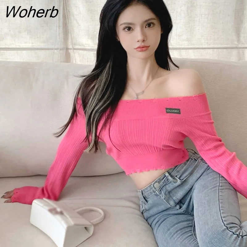 Woherb Top Women Sexy Off Shoulder Crop Top Knitwear Sweater Pullovers Fashion Casual Jumper
