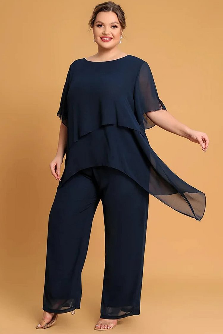 Flycurvy Plus Size Mother Of The Bride Navy Blue Asymmetric Hem Split Sleeve Two Pieces Set Pant Suit FlyCurvy Flycurvy [product_label]