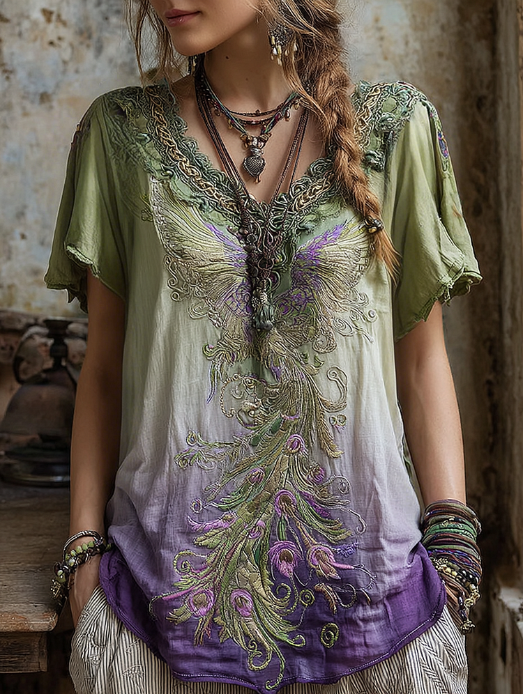 Women's Vintage Viking Celtic Knot Phoenix Embroidered Gradient T-shirt