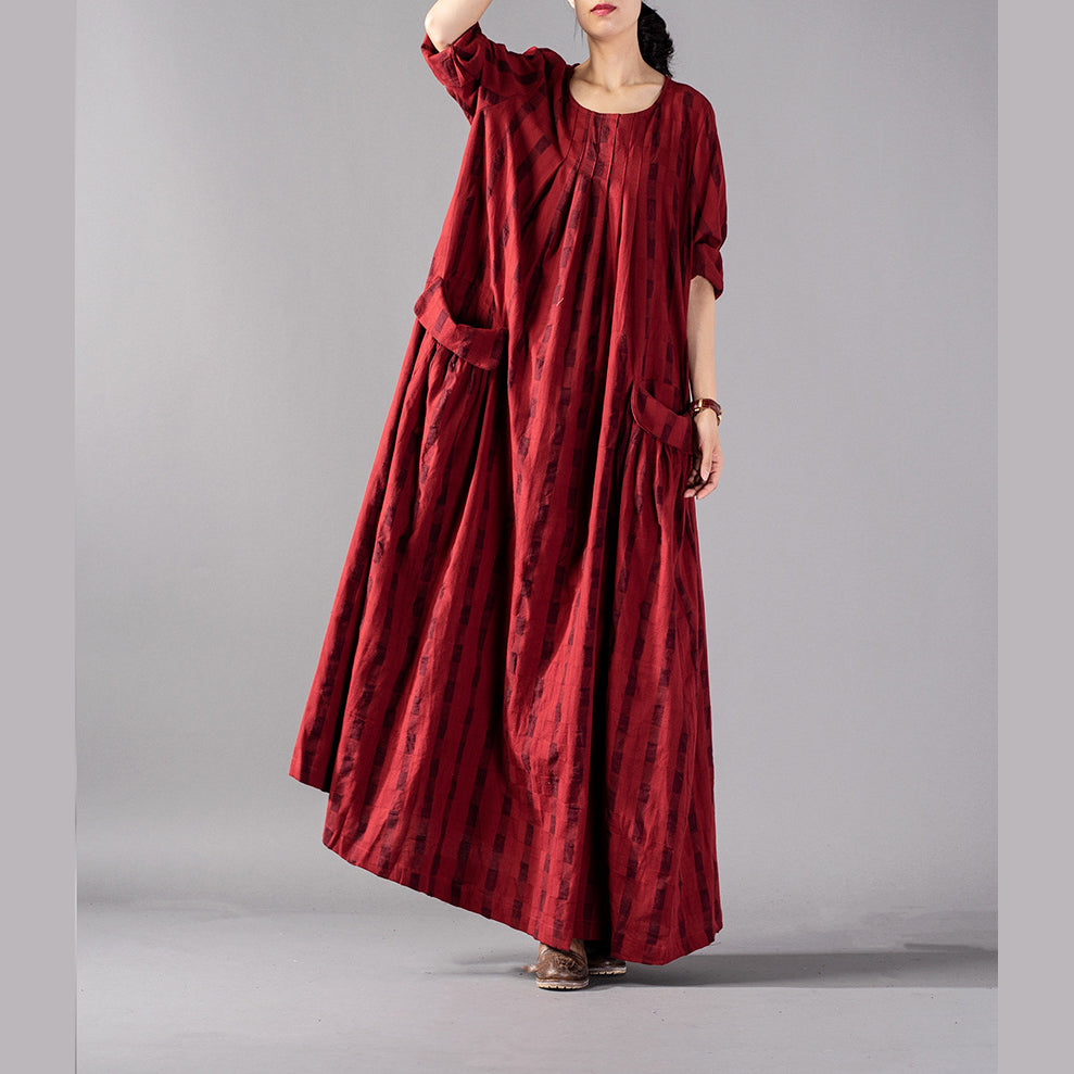 VCSHOES red Plaid long oversized o neck baggy linen maxi dress vintage pockets kaftans