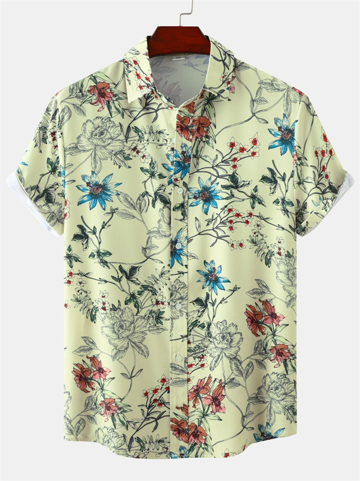 Summer New Floral Print Men's Casual Lapel Shirt Short-sleeved Floral Shirt Slim-type Men's Clothing-JRSEE