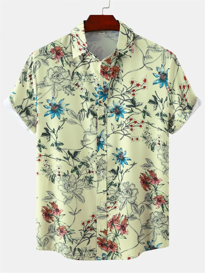 Summer New Floral Print Men's Casual Lapel Shirt Short-sleeved Floral Shirt Slim-type Men's Clothing-JRSEE