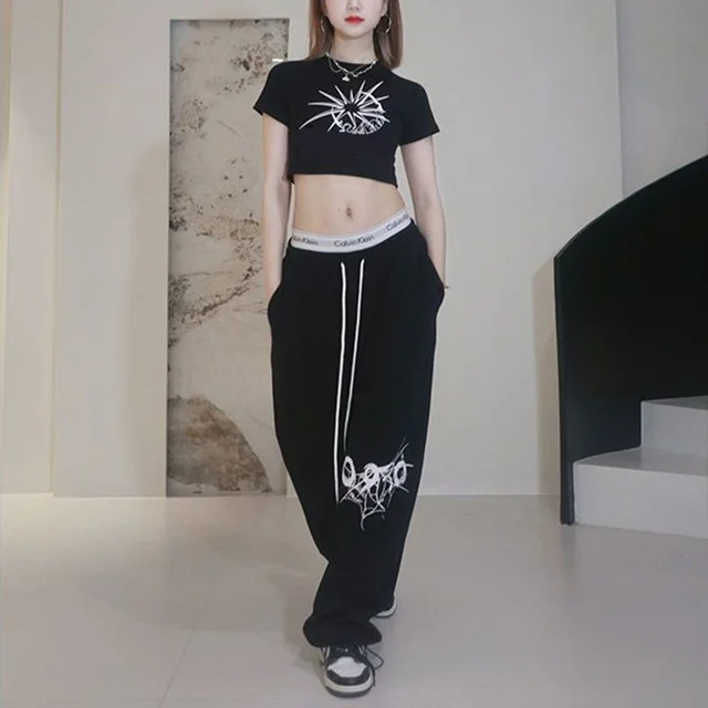 High Street Drawstring Loose Versatile Casual Pants Jazz Dance Hiphop Print High Waist Sweatpants Women’s Street Trousers