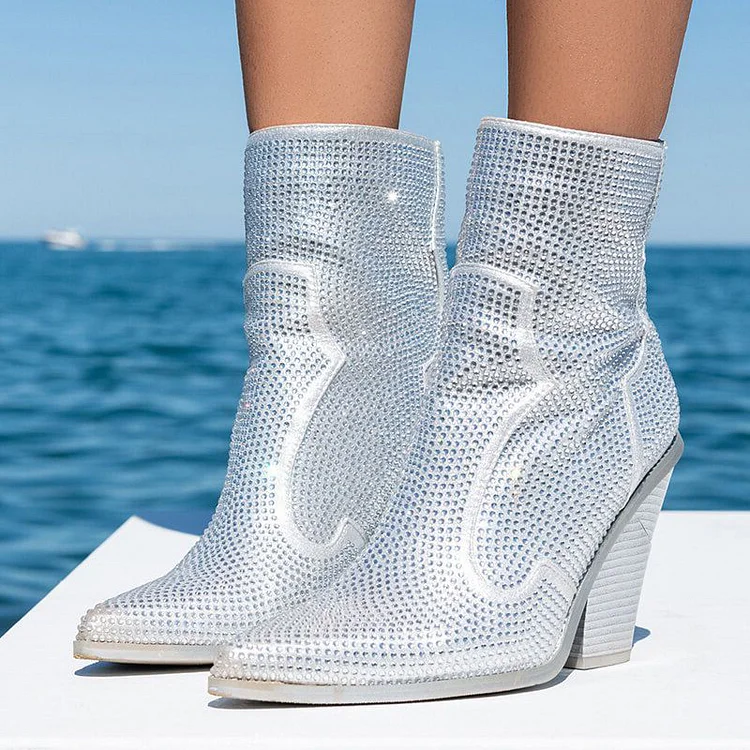Bottes à talons bloc en strass argentés Flusfy