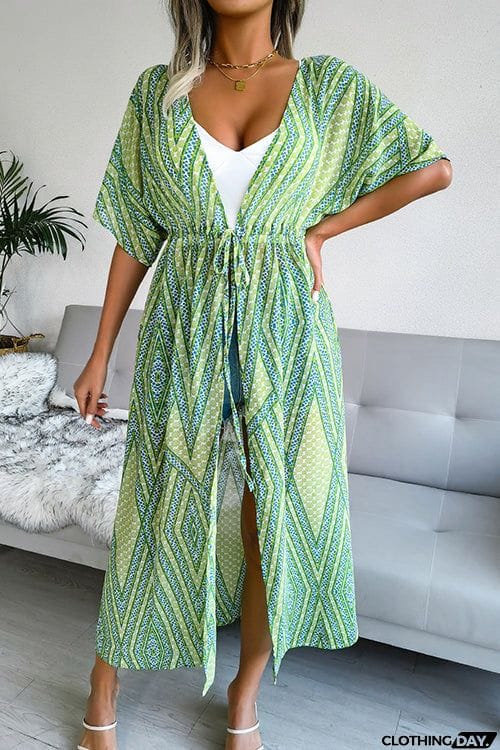 Print Drawstring Waist Kimono