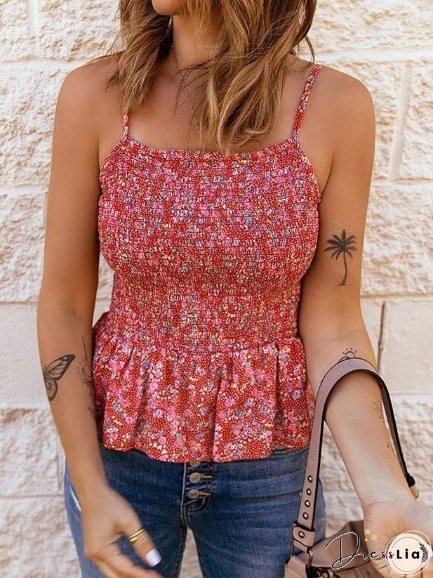 Women's Tank Tops Floral Suspender Smocked Ruffle Tank Top