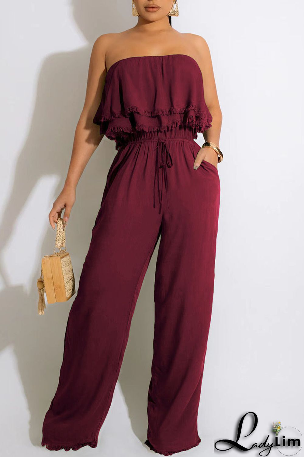 White Casual Solid Patchwork Strapless Straight Jumpsuits