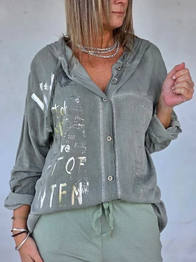 Women's Vintage Green Casual Hooded Top