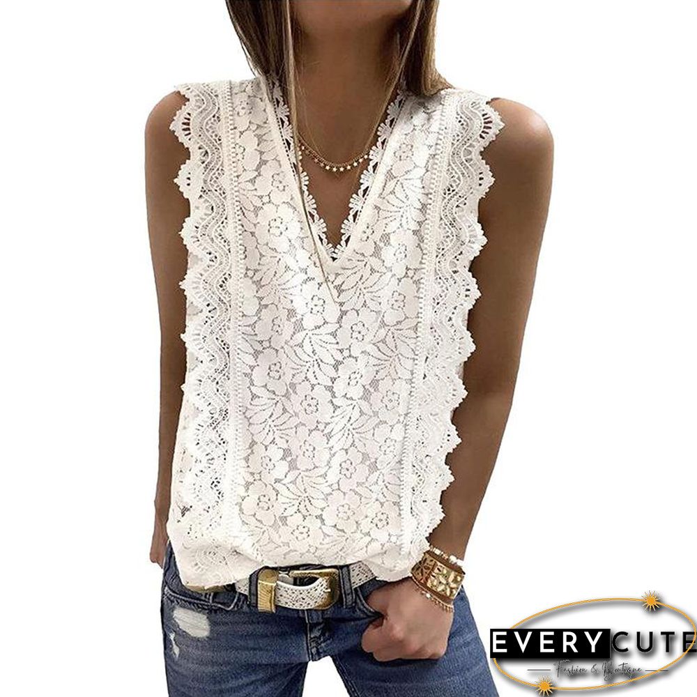 V Neck Ruffled Lace Hollow Shirt