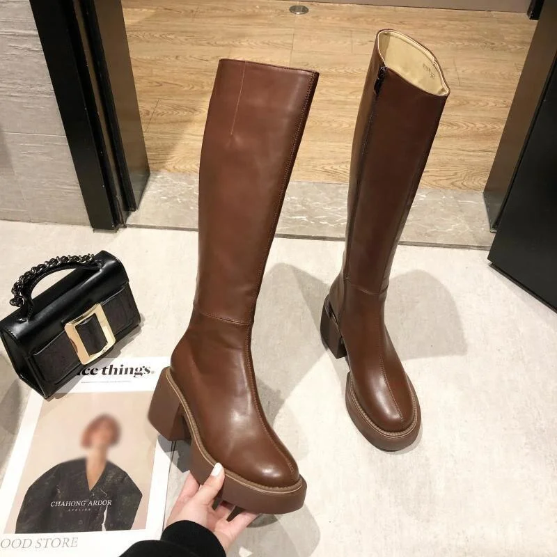 Women's Fashion Thigh High Long Boots Solid Square Heels Ladies Shoes Autumn Winter Soft Leather Zip Female Knee High Boots 2021