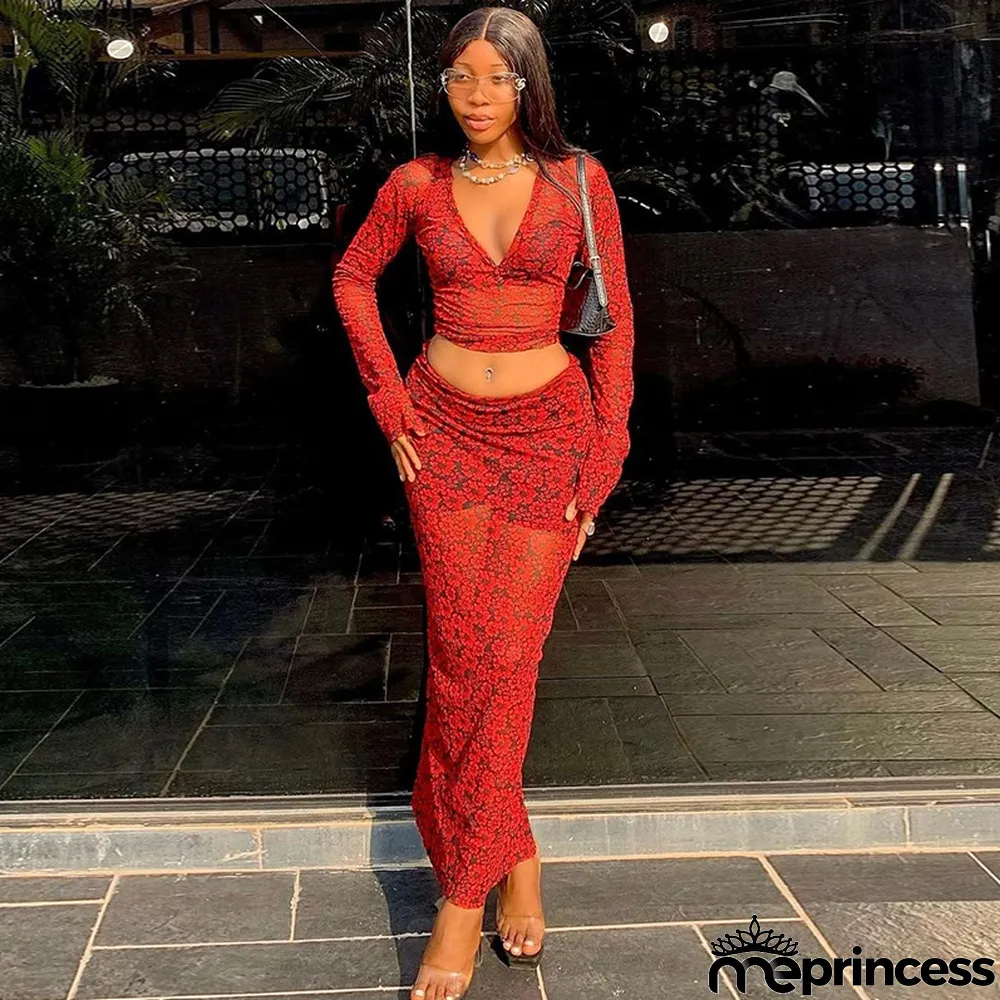 Fashion Print Sexy Deep V Long Sleeve Crop Top Bodycon Skirt Two-Piece Set