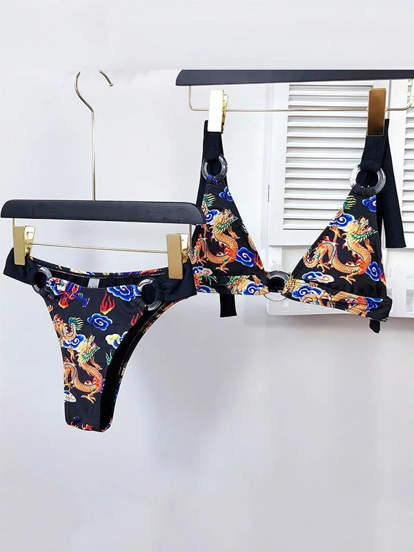 Chinese Style Printed Knotted Triangles Split Bikini Swimsuit