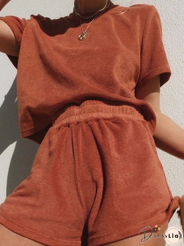 Sets Solid Simple T-Shirt & Shorts Two-Piece Set for Women