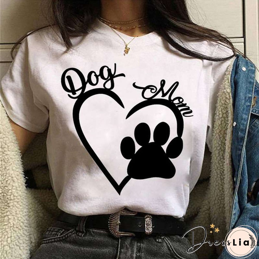 Cool Dog Mom And Heart Print T-shirt For Women Summer Fashion Casual T-shirts Short Sleeve Creative Personalized Tops
