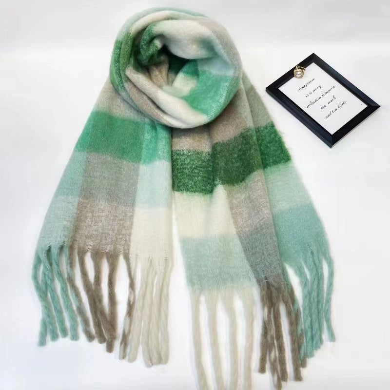 Rainbow Plaid Tassel Scarf For Women Autumn And Winter Famous Color Matching Cashmere Mohair Shawl Thickened Scarf