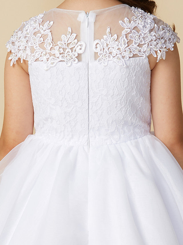 Long Length Cap Sleeve Jewel Neck Flower Girl Dress with Lace Tulle Belt & Crystals Rhinestones main image 0
