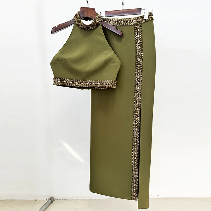 Nigikala Nigikala And Summer 2025 New Heavy Industry Nails Studded Neck Vest Top Open Fork Long Skirt Set Two Sets