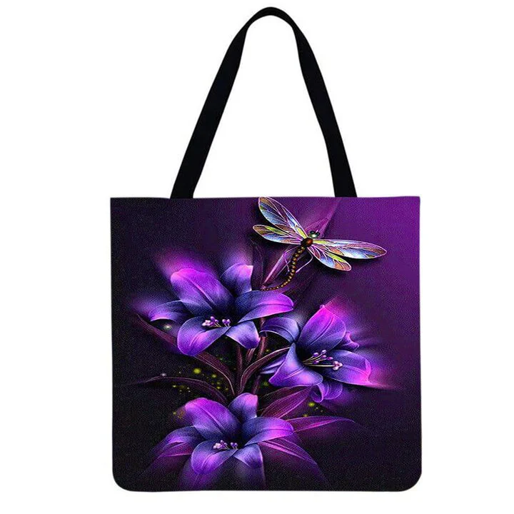 Linen Eco-friendly Tote Bag - Dragonfly Flower