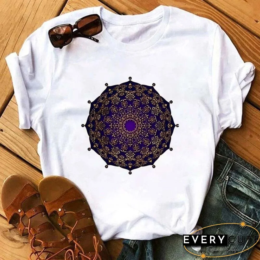 Maycaur New Mandala Floral Printed T Shirt Women Casual Fashion T-shirt Loose Short Sleeve 90s Girls Aesthetics Black Tshirt Top