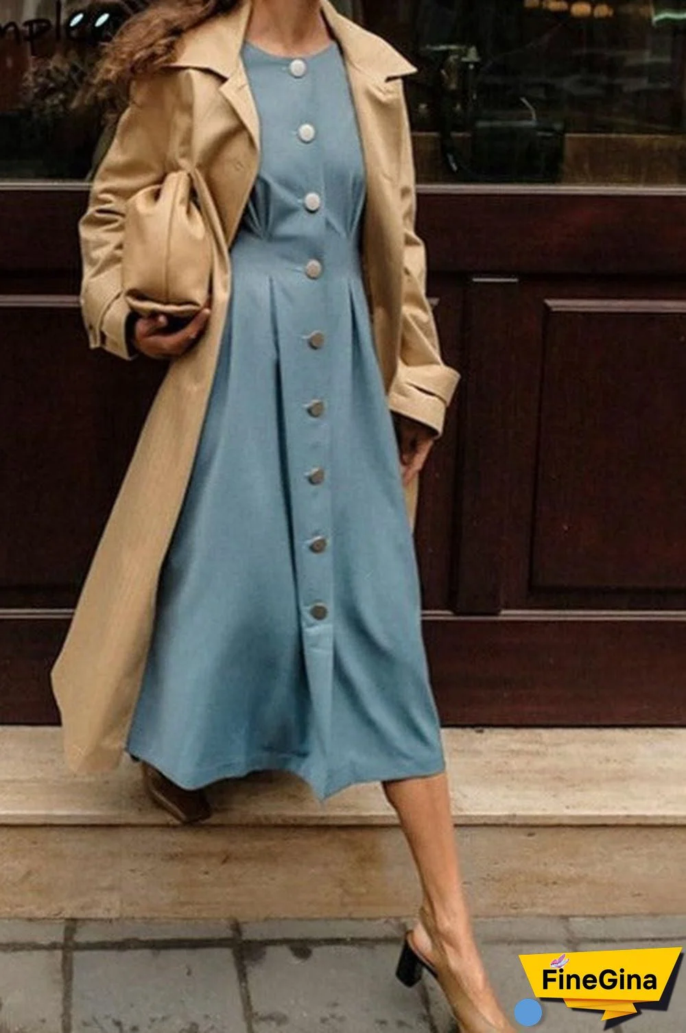 Vintage A-line buttons women dress autumn Elegant o-neck blue midi dresses Office lady female long sleeves solid vestido