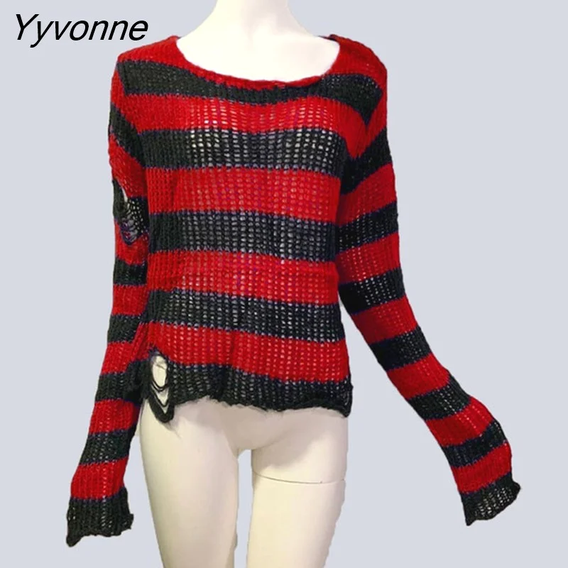 Yyvonne Size Punk Gothic Long Unisex Sweater Dress Cool Hollow Out Hole Broken Jumper Loose Rock Thin Sweter 2023 Women Man Striped 305-0
