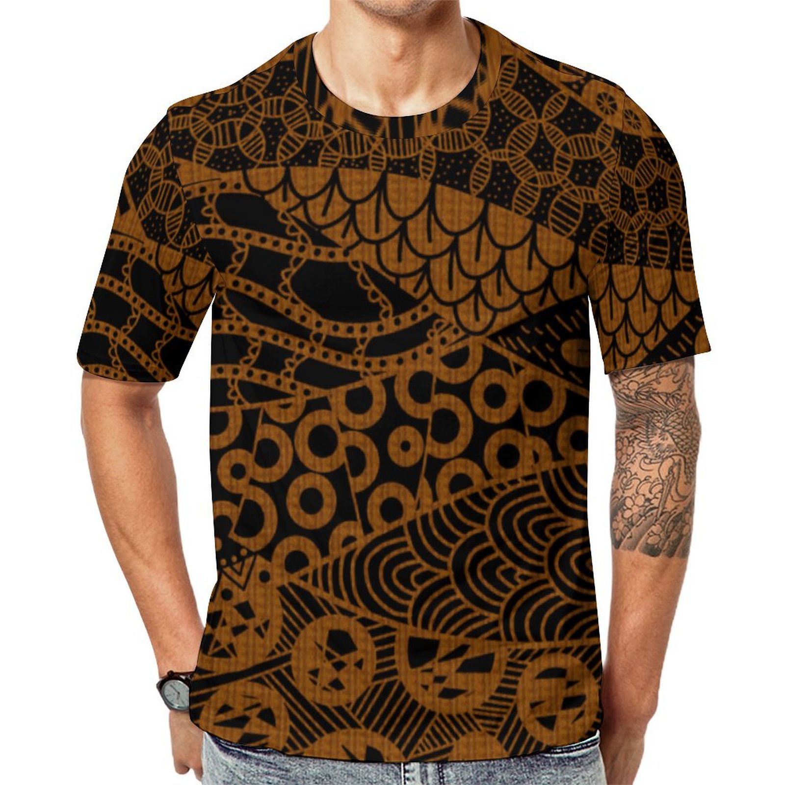 Elegant Brown Geometric Abstract Tribal Short Sleeve Print Unisex Tshirt Summer Casual Tees for Men and Women Coolcoshirts
