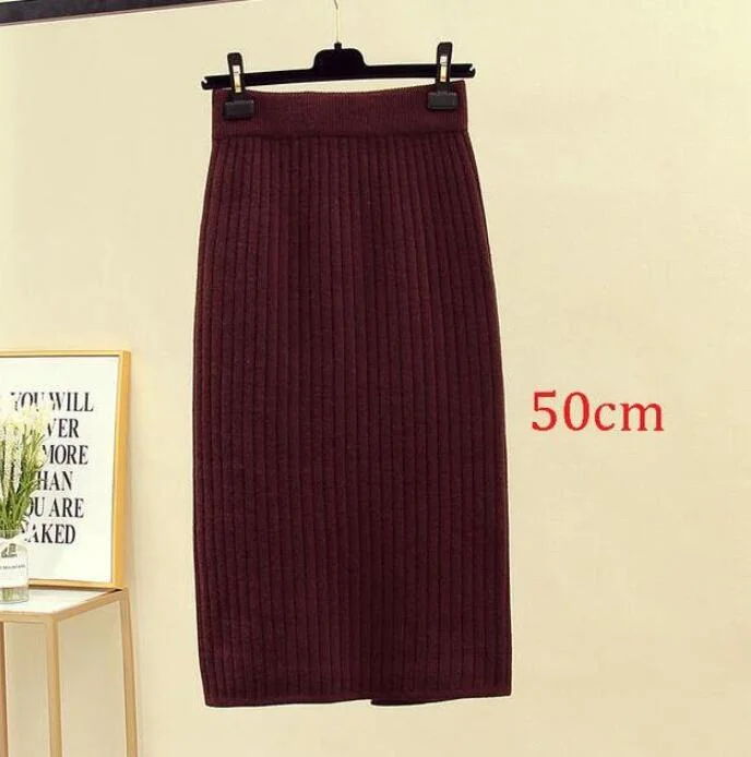 2020 Women's Spring Pencil Knitted Skirt High Waist Warm Elegant Knitting Ribbed Party Skirt Black Solid Ladies Office Skirts