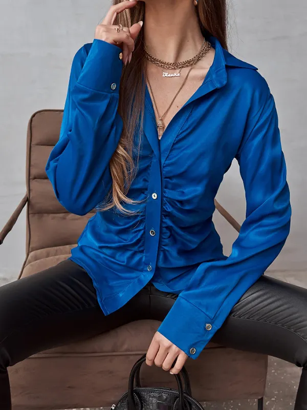 Solid Color Pleated Long Sleeves Lapel Blouses&shirts Tops BLUE-M