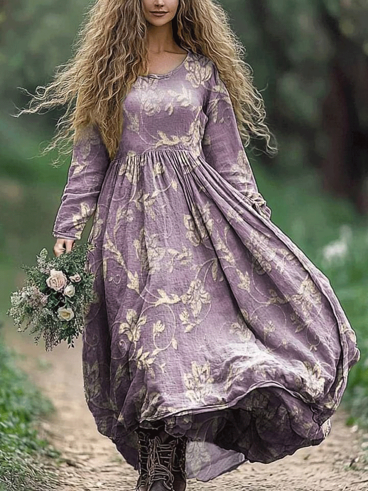 Women's Vintage Bohemian Floral Print Crew Neck Pocket Cotton Dress