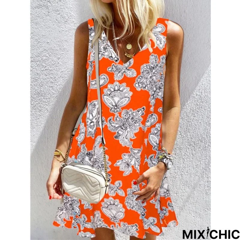 Floral Sleeveless Cotton-Blend Casual Dresses