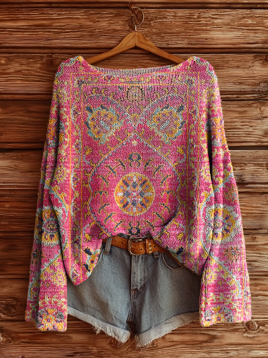 Women's Colorful Retro Totem Art Print Casual Pullover Sweater