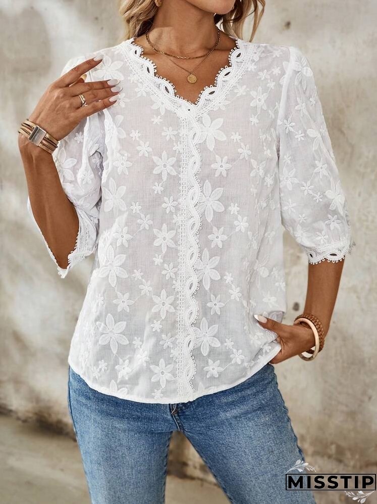 Women's Summer Loose Fit Floral And Striped Vacation Shirt With V-Neckline And Curved Hem
