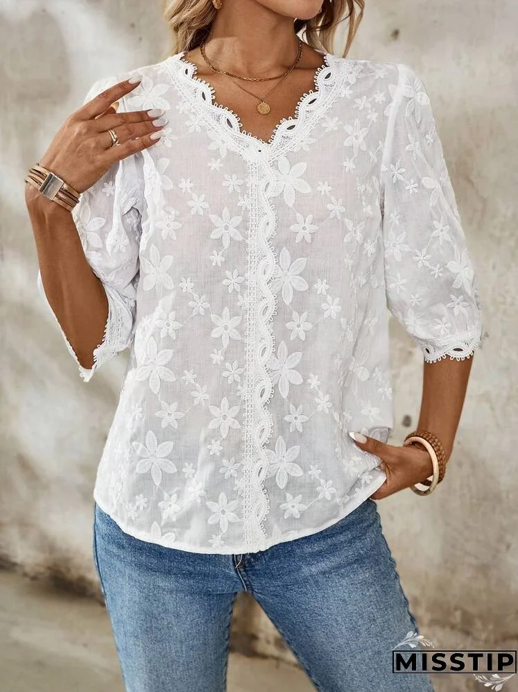 Women's Summer Loose Fit Floral And Striped Vacation Shirt With V-Neckline And Curved Hem