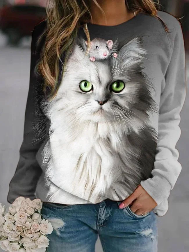 Women's Cat Printed Sweater Long Sleeves Sweatshirt
