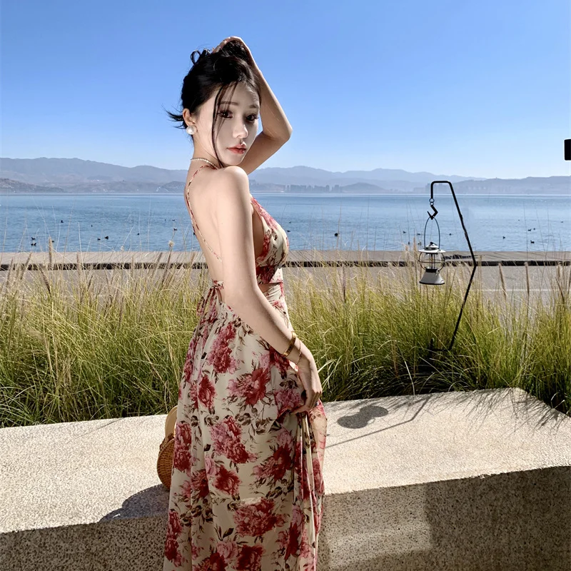 Ueong French Super Fairy Chiffon Flower Holiday Women's Dress Big Open Back Hollow Strap High Waist Slit Long Skirt