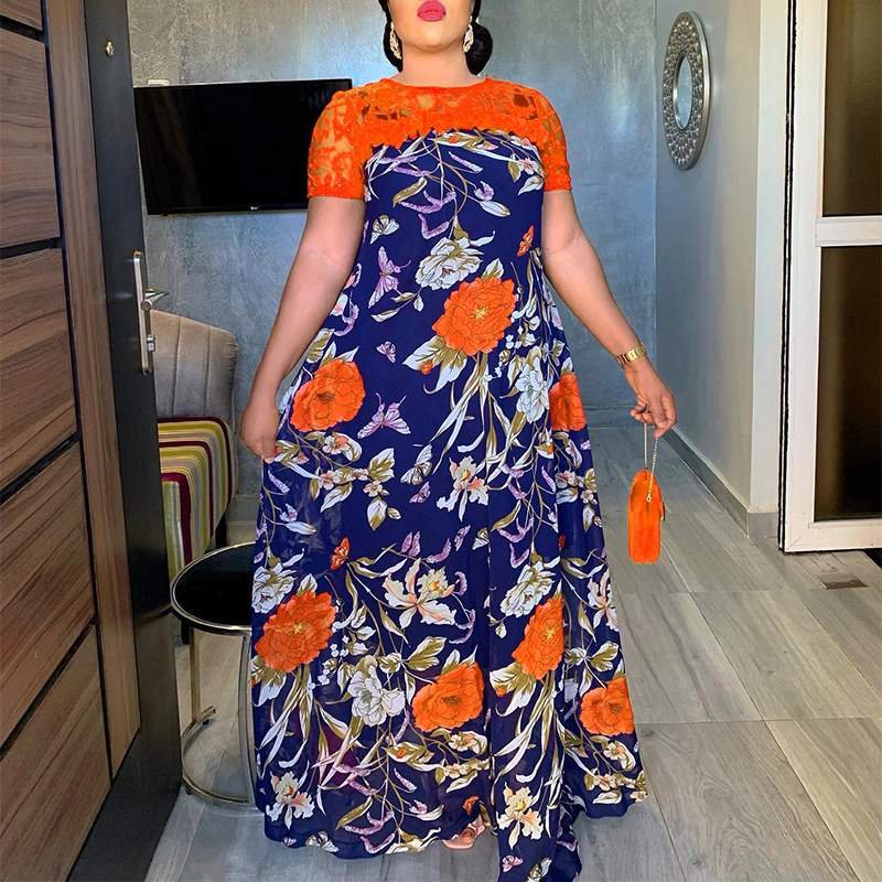 VONDA Bohemian Floral Printed Party Sundress 2022 Summer Women Short Sleeve Lace Patchwork Robe Casual Holiday Maxi Long Dress