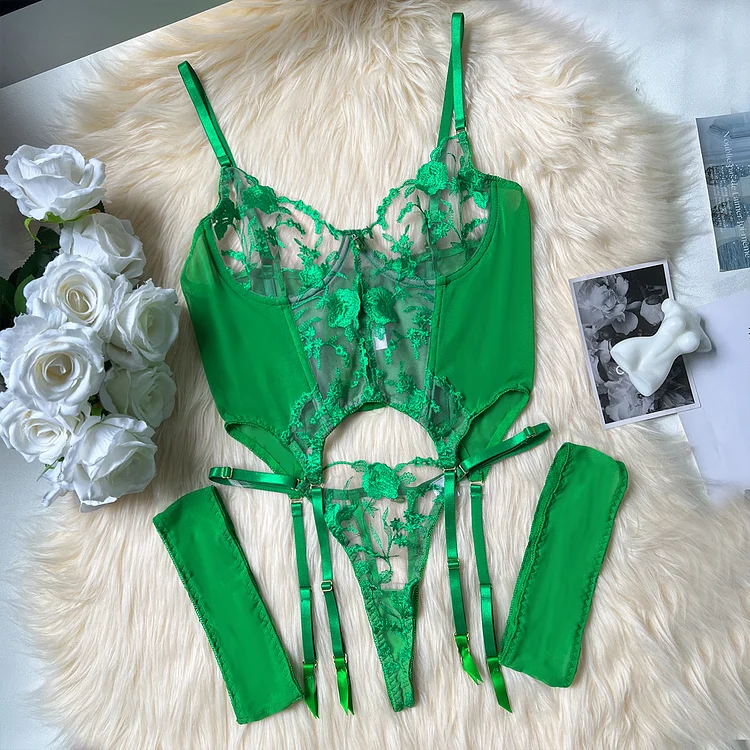  Mesh Embroidery See-through Underwear Set