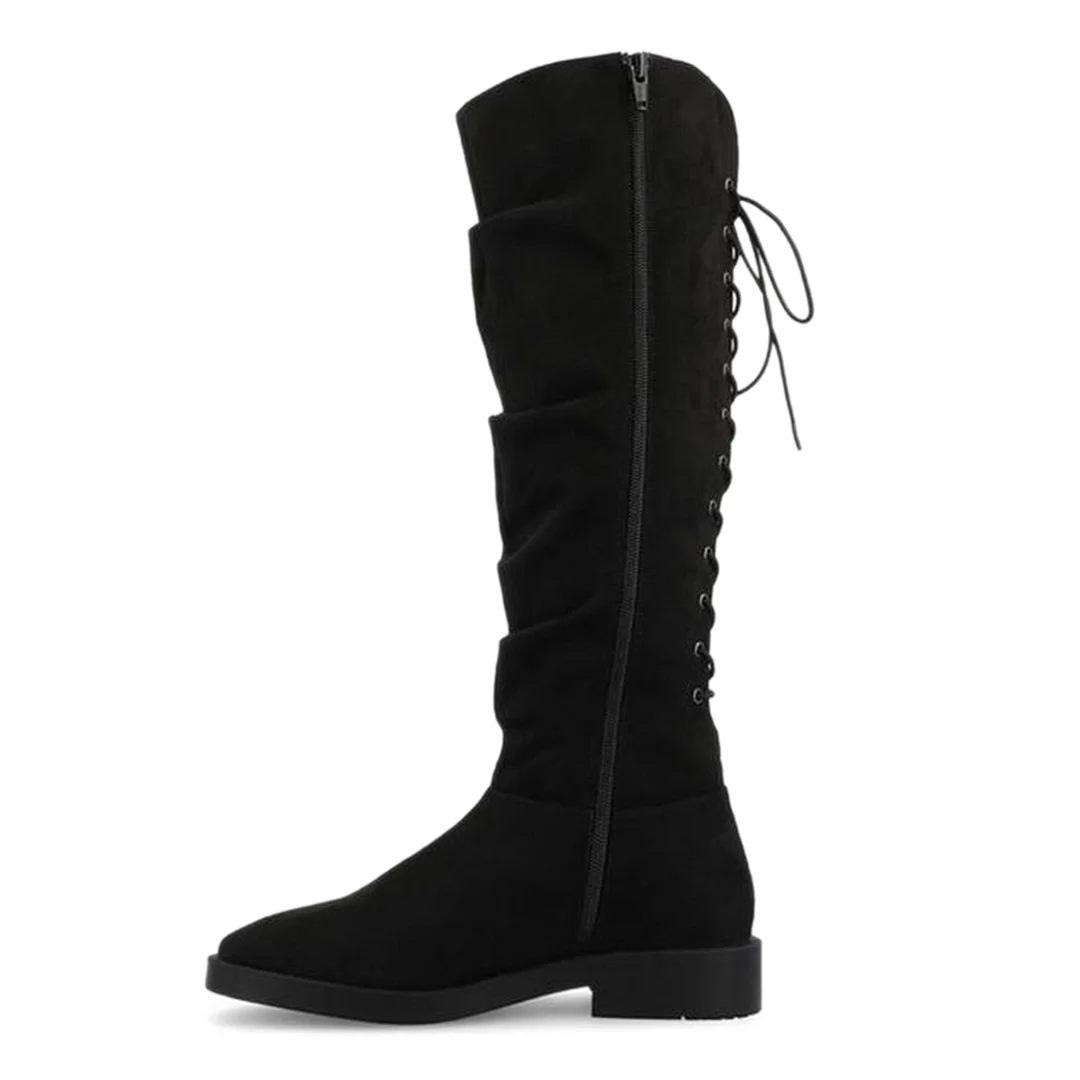 Faux Suede Lace-Up Black Black Knee-High Boots with Side-Zip