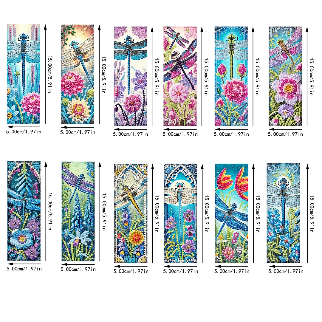 12Pcs Dragonflies Flowers DIY Diamond Art Painting Bookmark for Beginners Adult