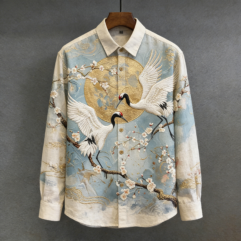 Men's Cranes With Apricot Blossoms Painting Art Linen Shirt  artssus