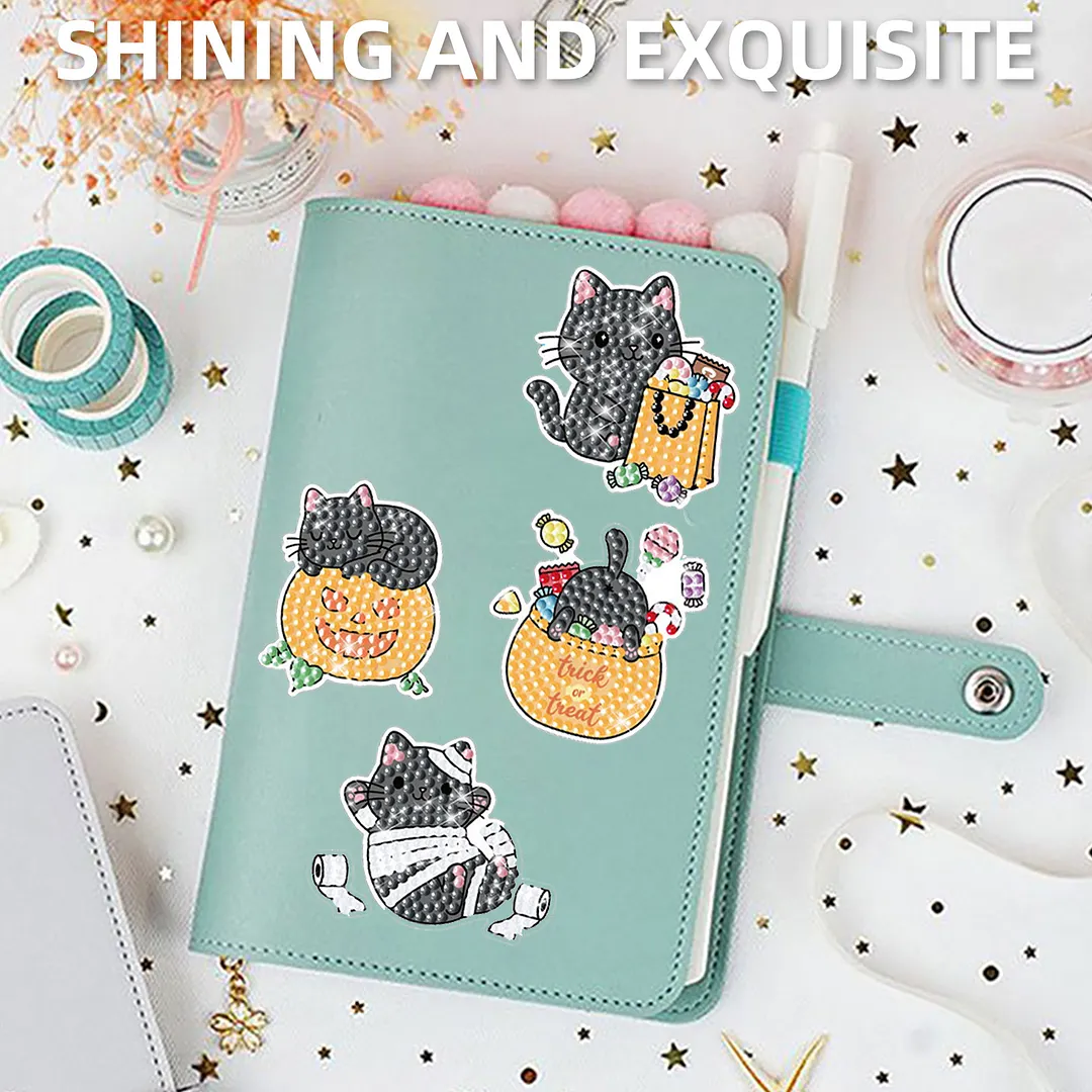 DIY Diamond Painting Sticker Diamond Art Stickers Arts and Crafts Decorative Diamond Stickers for Birthday Party Halloween Christmas Gifts (Kitten Pumpkin)